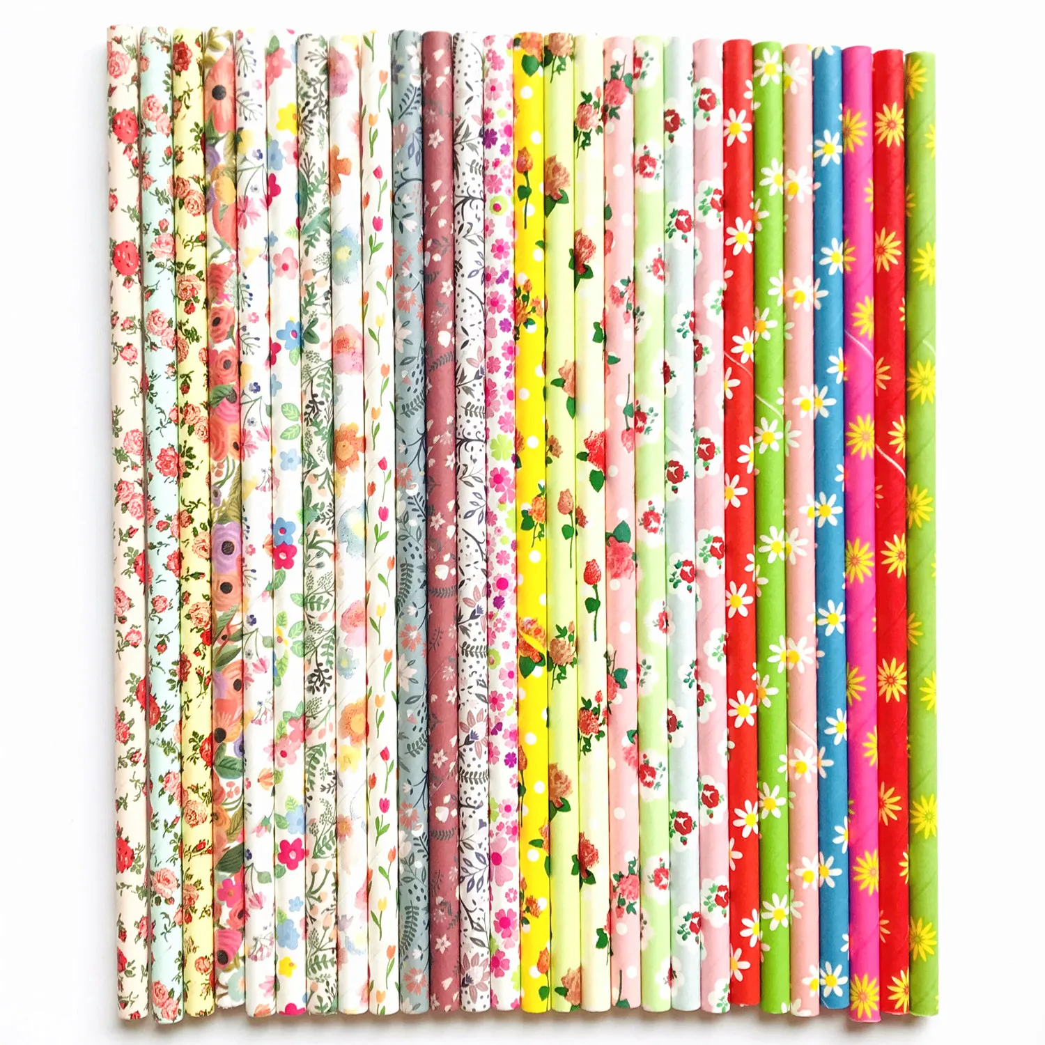 100 Pcs Flower Print Paper Straws,Colorful Green Pink Red Yellow Blue Rose Ditsy Floral Daisy Drinking Garden Tea Party Spring