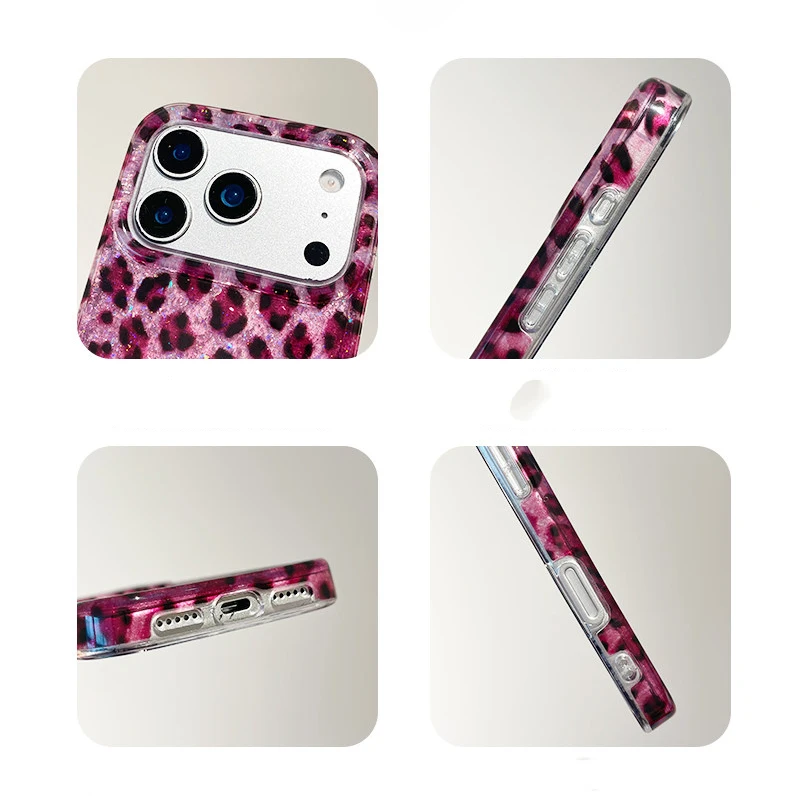 Ins Beliebte Glitzernde Rose Schwarze Leopardenmuster Hülle für iPhone 13 14 15 16 17 18 Pro Max Stoßfeste Harte IMD Rückseite – Detail 10