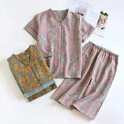 2023 Frühjahr/Sommer Neues Damen-Pyjama-Set aus 100 % Baumwolle, Jacquard, kurze Ärmel + Caprihose, zweiteilig, V-Ausschnitt, dünne Homewear für Damen