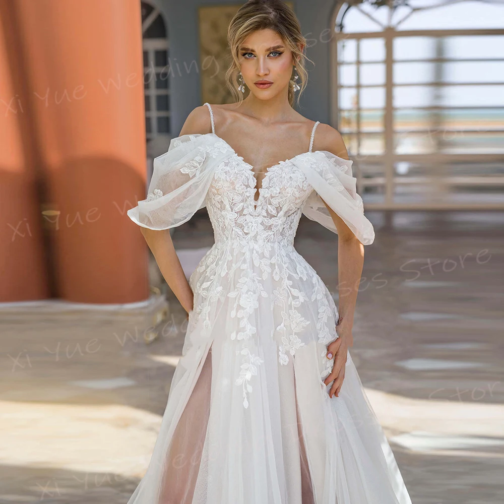 Eleganti abiti da sposa da donna A Line Appliques di pizzo alla moda abiti da sposa con spalle scoperte spacco laterale alto Vestido De Noivas