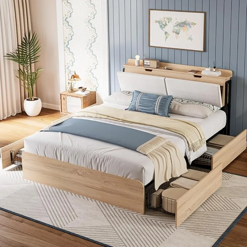 Queen Bed Frames with Hidden Storage Headboard, Camas Queen with Charging Station and 4 Drawers, Sturdy and Noiseless