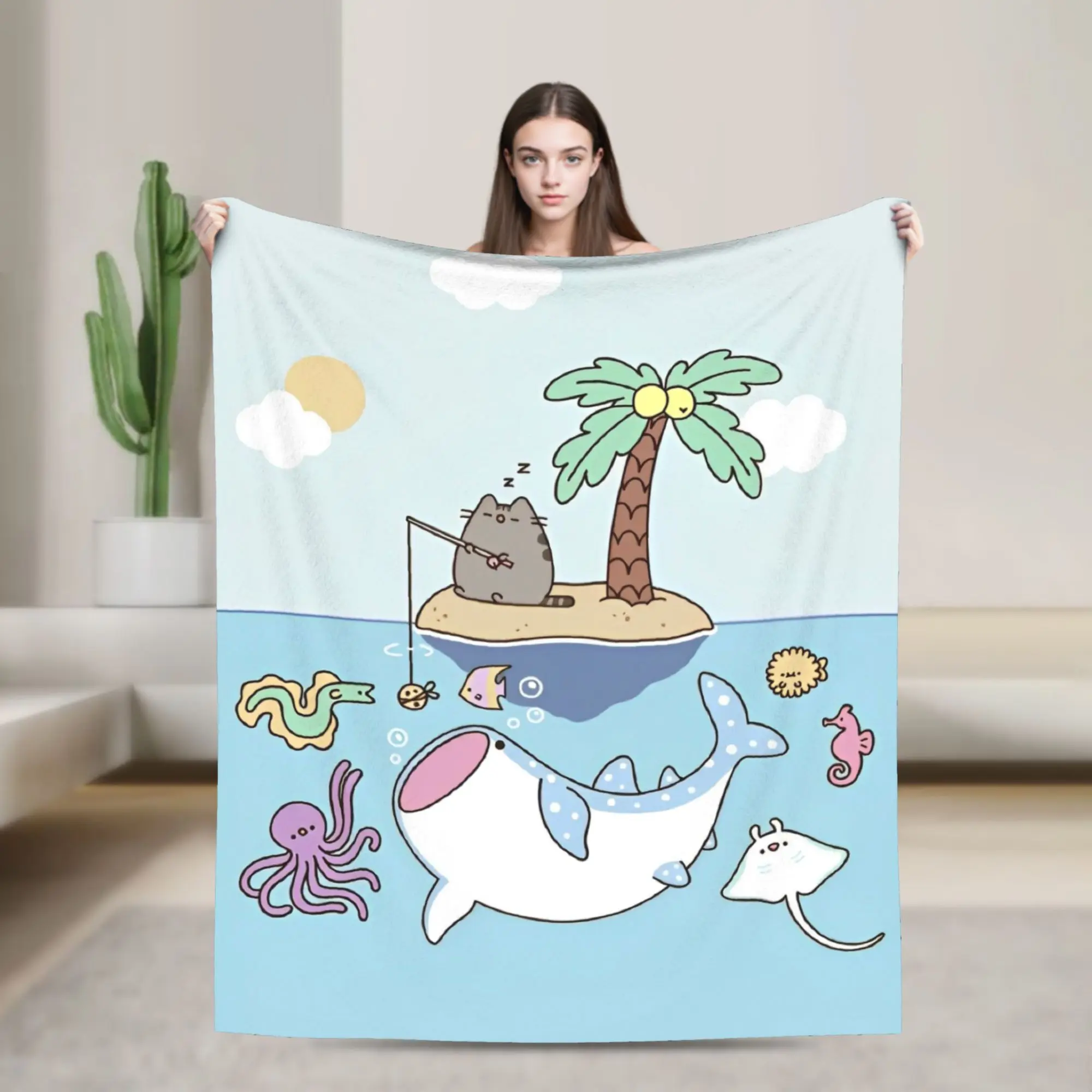 Funny P-Pusheencats  Fishing Fuzzy Blanket Funny Throw Blankets for  Sofa Bedding Lounge 200x150cm Rug Piece,