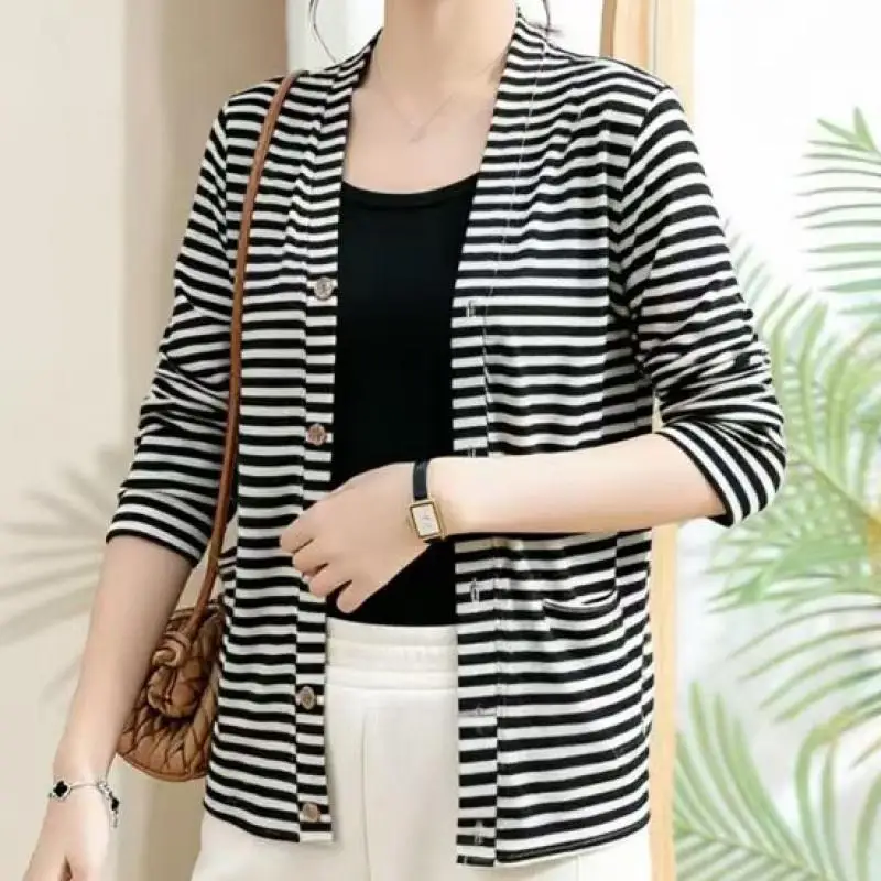 Spring New Arrival European & American Commuter Casual Contrast Trim Striped Knit Cardigan for Women V-Neck top