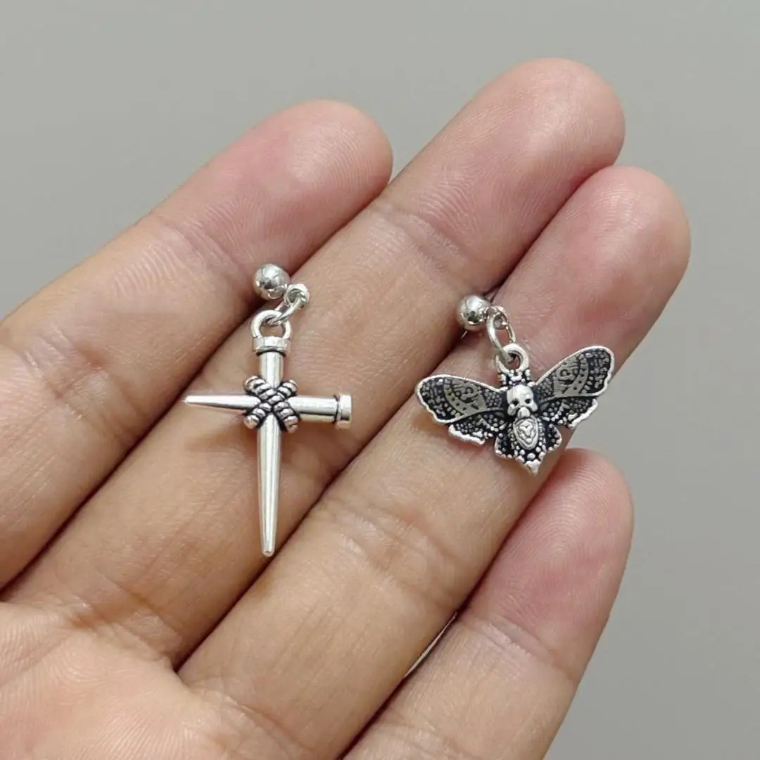 Blood Skull Moth Earrings, Gothic jewelry, nail crosses, Retro, Asymmetrical, Pagan, Witch accessories, Alternative, For Women