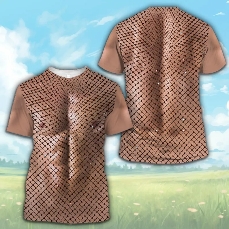 Muscle Men's Full Print T-shirt with Realistic Chest and Six Pack Abs Pattern Hairy Belly Fun Halloween Costume