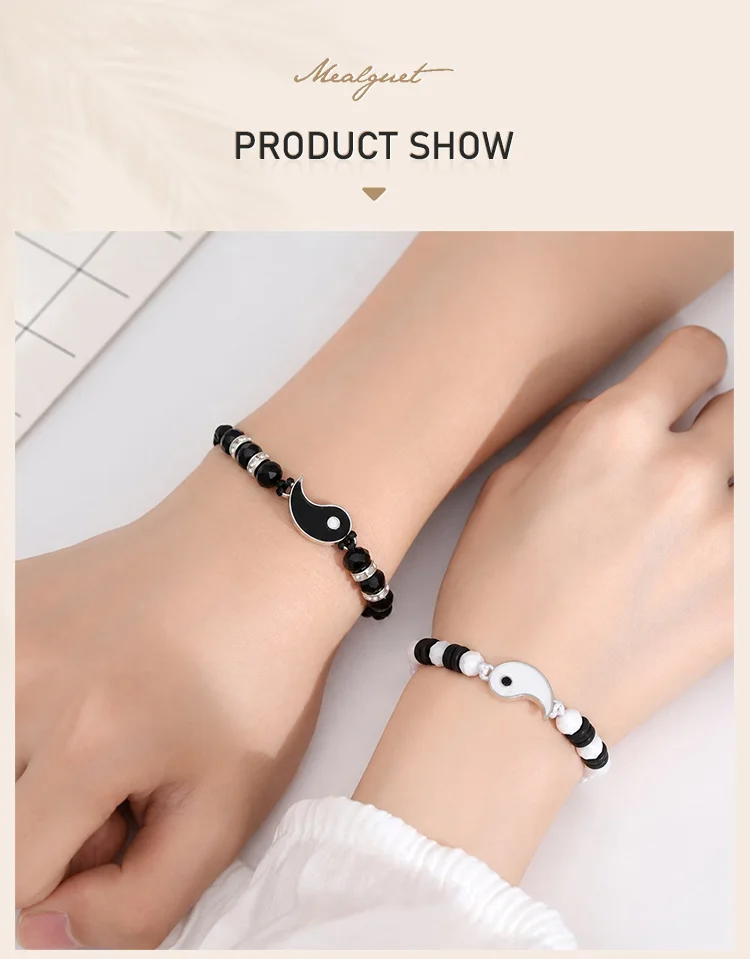 Yin-Yang-Perlenarmband-Set für Paare, Schwarz-Weißes Verstellbares Geflochtenes Seil, Passendes Paar für Ladenauswahl – Detail 1