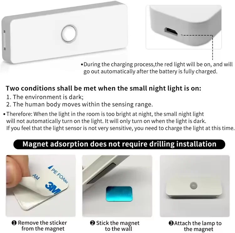 Imagem -06 - Xiaomi-luz Noturna com Sensor de Movimento Usb Recarregável Lâmpada Led sem Fio Bateria de Longa Duração Lâmpada para Quarto Armário de Cozinha