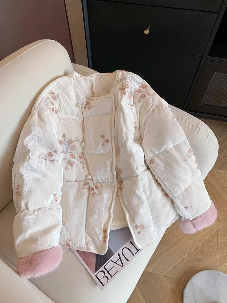 

New Chinese Sle Embroidered Velvet ort Thiened Warm Cotton Jaet Men Women Autumn Winter High End round Ne Cotton Coat