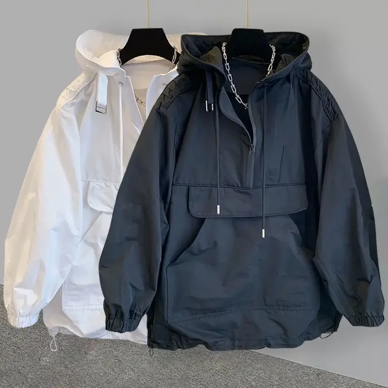 แจ็กเก็ตกันลมสีดำวินเทจของผู้หญิงเสื้อสเวตเชิ้ต MODE Korea Techwear ชุดสตรีทแวร์สไตล์ฮาราจูกุขนาดใหญ่