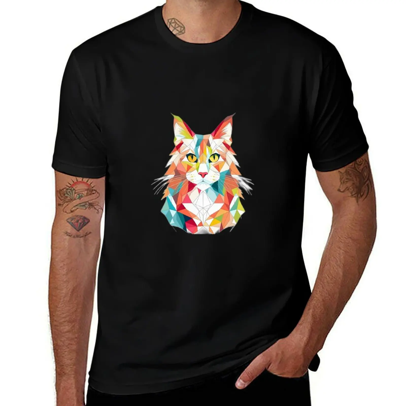 Colourful Pretty Maine Coon Cat Geometric Shaped Artwork T-Shirt Casual Work Wear T-Shirt