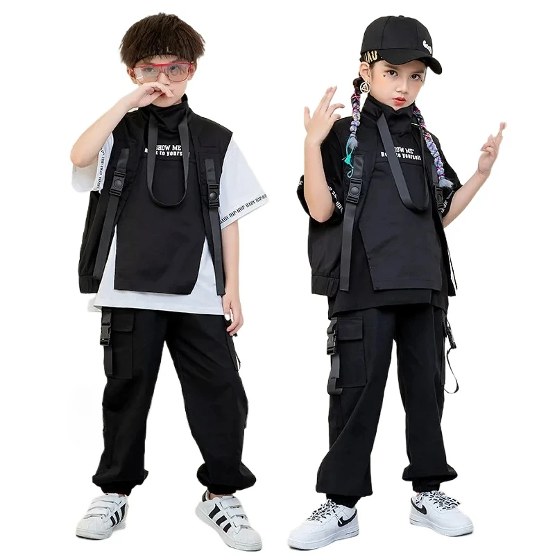 Girls Boys Jazz Dance Costume Clothes Wear Black Kid Hip Hop Clothing T Shirt Top Tactical Cargo Pants Sleeveless Jacket Vest