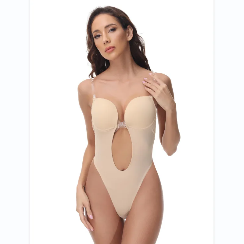 Women Deep‑V Plunge Cut‑Out Bodysuit Hook Strapless Body Shaper Detachable Clear Shoulder Straps, Seamless Backless Jumpsuit GZJ