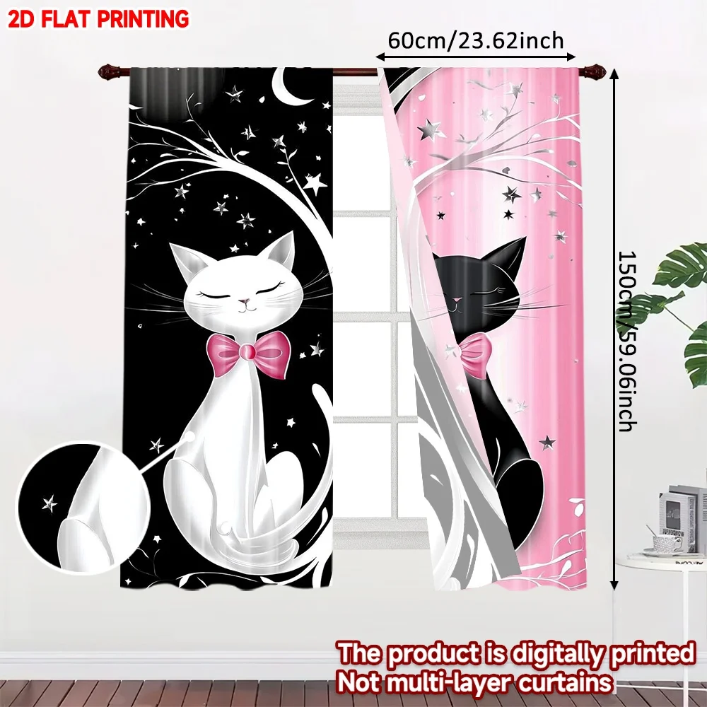 2D flat printing 2pcs Curtain Window Curtains Yin Yang Cats with Stars Digital Printed Polyester Drapes Festive Wall Decor