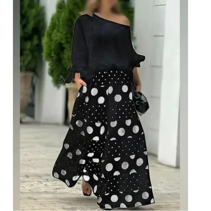 Setelan Polka Dot wanita, atasan lengan panjang leher Satu bahu longgar Set celana kaki lebar mode musim panas Set dua potong