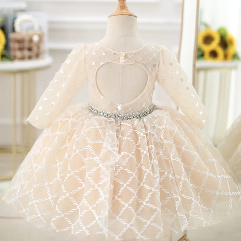 V-neck grid children's evening dress princess fluffy gauze flower girl elegant party fashion love hollow out