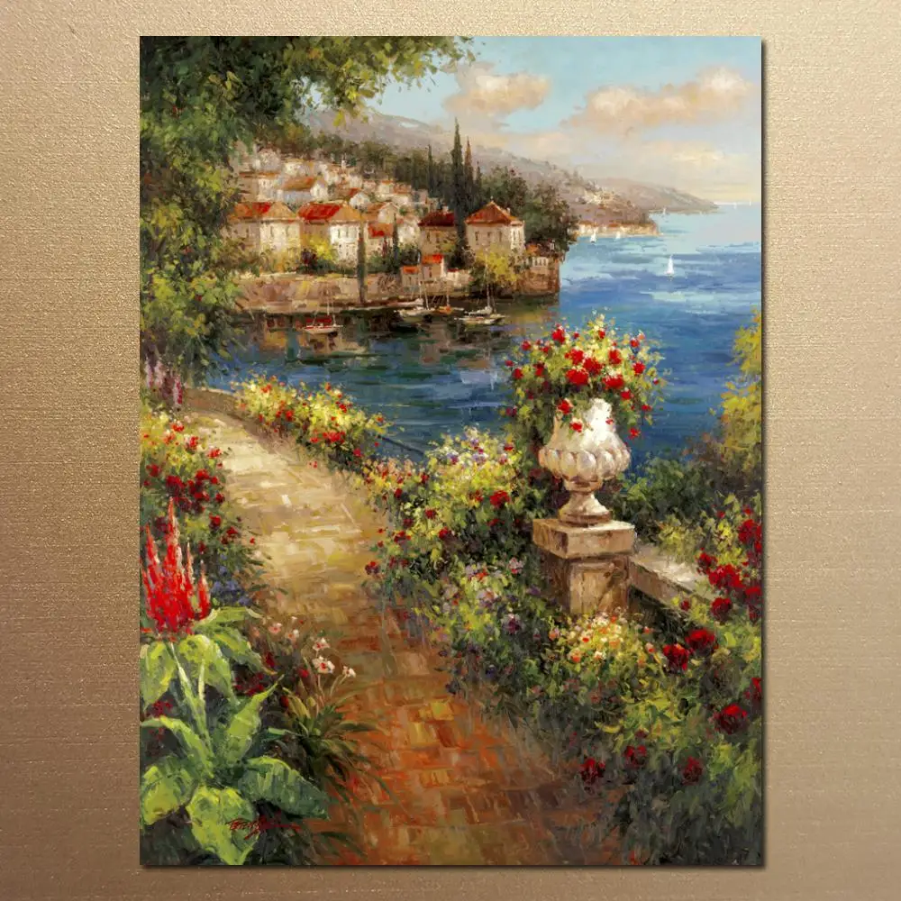 

Italian Impressionist Canvas Art Mediterranean Landscape Painting Handmade Modern Garden View Artwork for Hotel Room Wall Decor