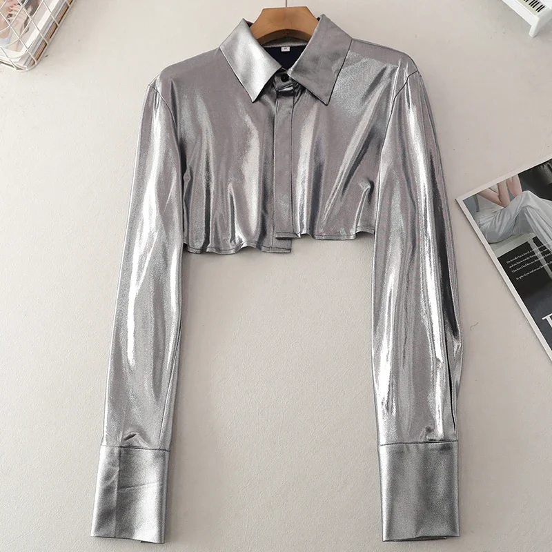 Leisure Women Spring Autumn Turn Down Collar Silver Stamping Gilding Shirts Long Sleeve Glossy Blouses High Waist Cardigan Tops