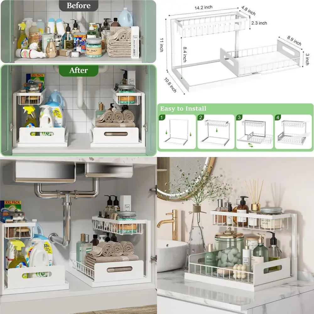 

2-Tier Pull-Out Sink Organizer for Kitchen and Bathroom, White, 2-Pack Storage Solution