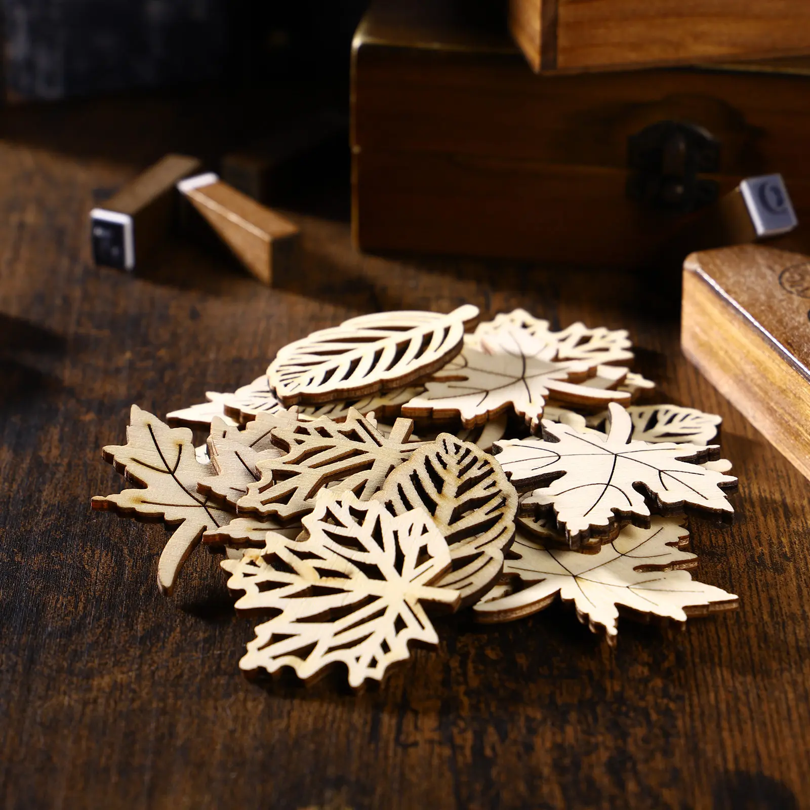 40Pcs Wooden Maple Leaf Cutouts Natural Plywood Hollow Out Smooth Wood Slices for DIY Crafting Ornament Decoration Scrapbooking