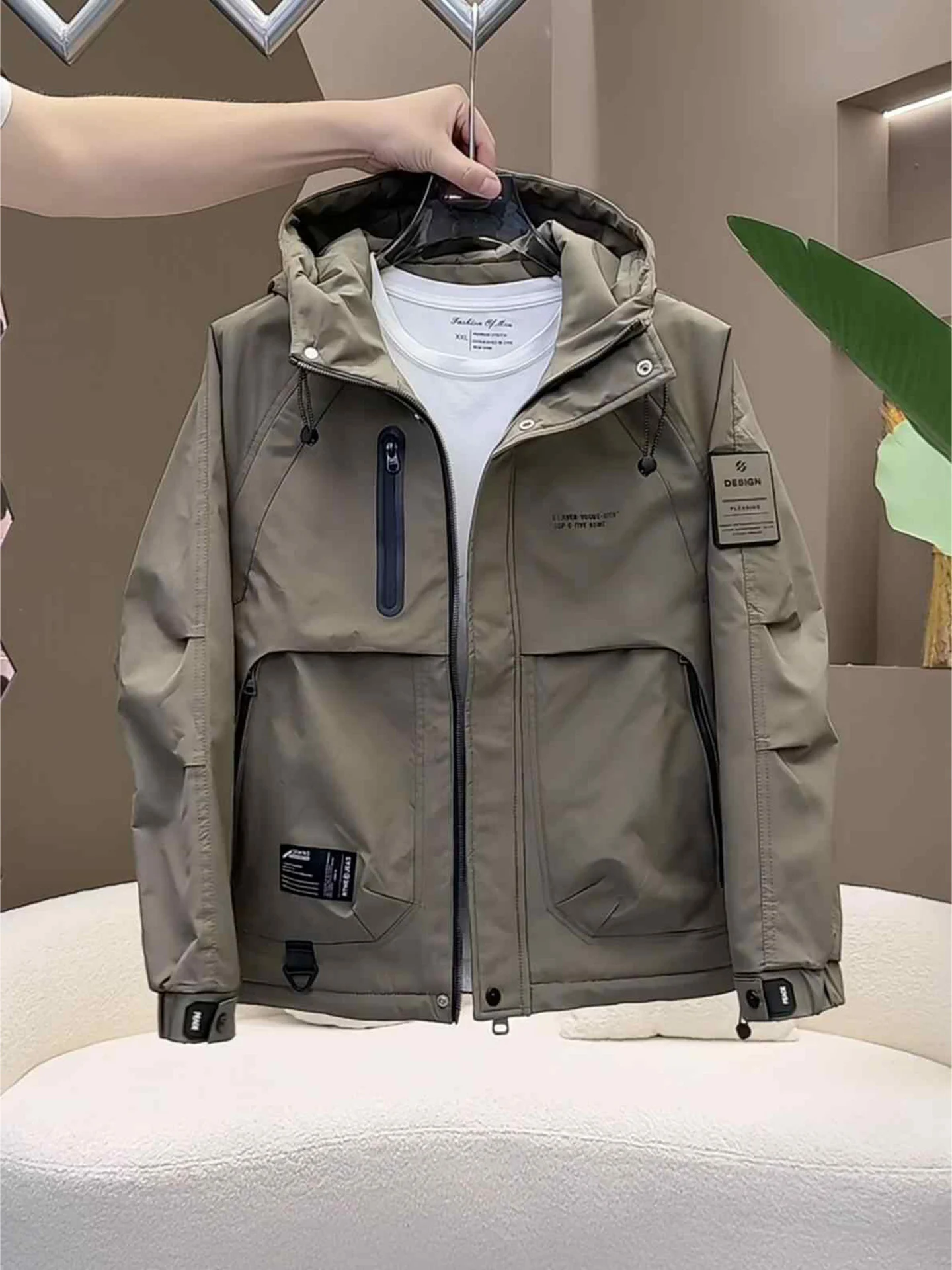 

Autumn Winter New American Sle Casual Hooded Jaet Men's High Street Workwear Coat with Big kets Faionable Loose Fit