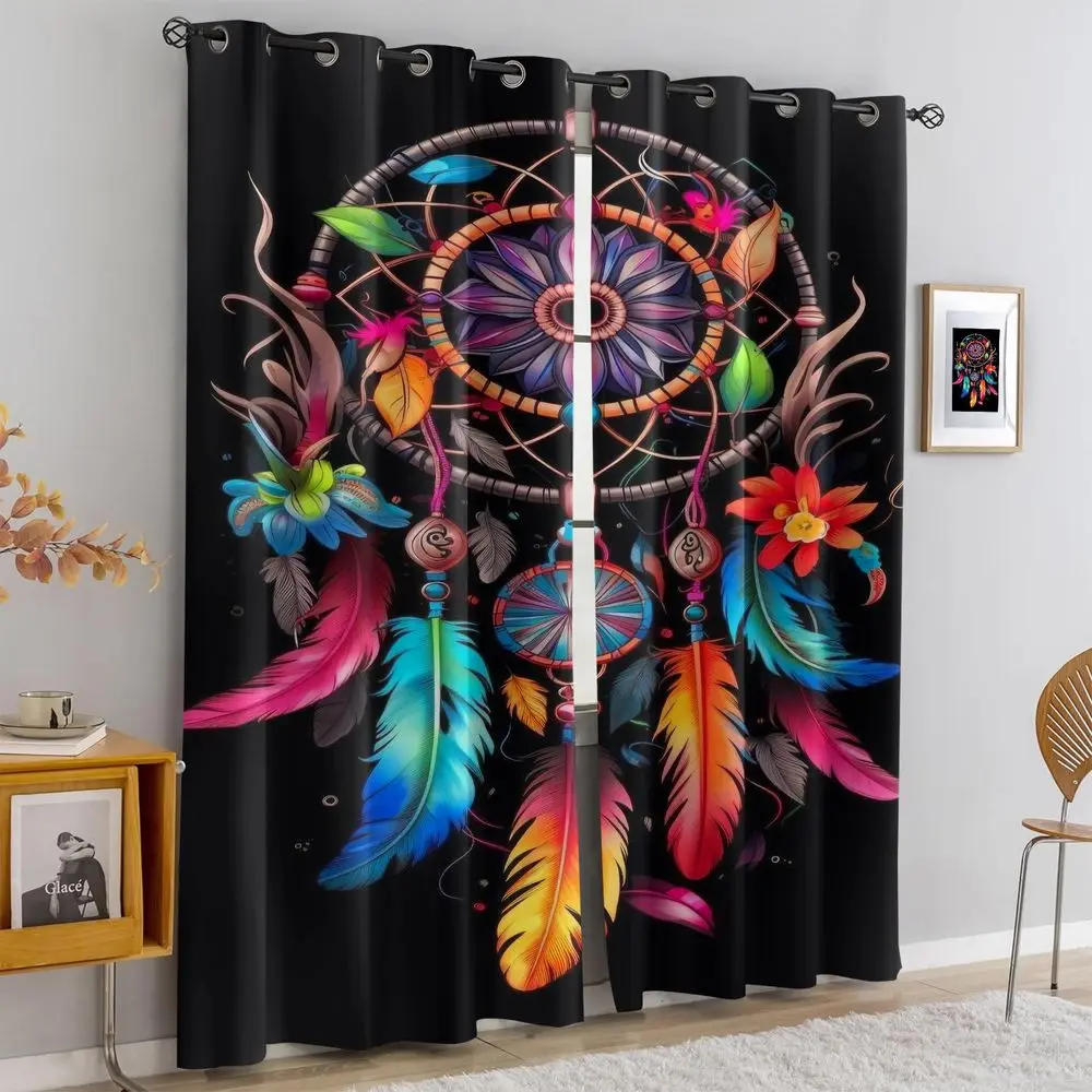 

Psychedelic Dreamcatcher Print Curtains Boho Style Light Blocking Curtains Colorful Feather Decor Curtain for Bedroom Living Roo