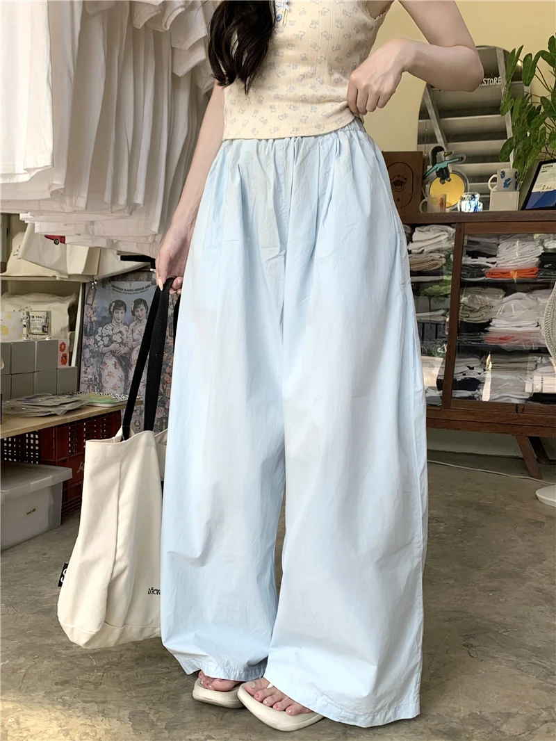 

2024 Summer New Niche Personality Campus Fresh Sky Blue Breathable Thin Wide Leg Pants Women Show Long Legs