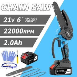 21V 6-Inch Mini Chainsaw Powerful Cordless Rechargeable Handheld Small Electric Saw 2000mAh Battery Pruning Garden Tool