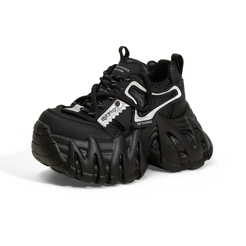 New Fashion 9.5CM High Platform Sneakers Women Autumn Thick Sole Non Slip Sports Dad Shoes Woman Genuine Leather Chunky Sneakers