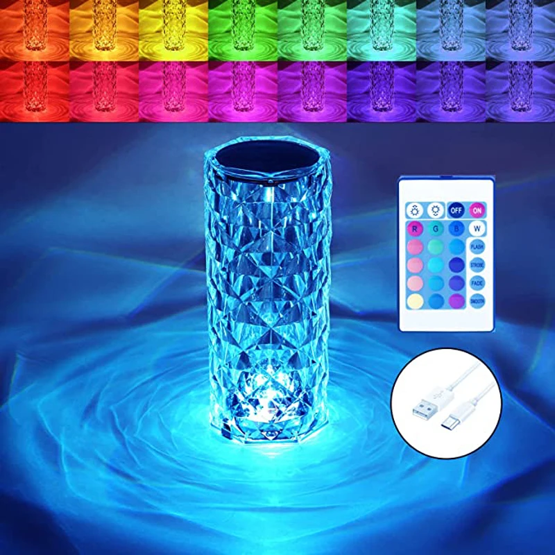 Rose Petal Crystal RGB16 Color Bedroom Atmosphere Desktop Decoration USB Charging Desk Lamp Remote Control + Touch Switch