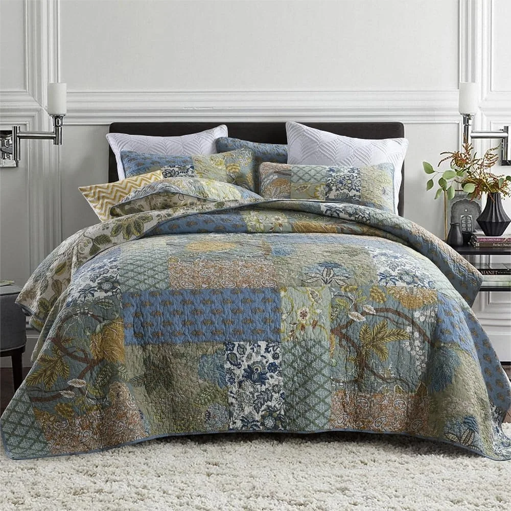 Cotton Bedspread Quilt Set Reversible Coverlet Comforters Rustic Paisley Floral Patchwork Sage Green Queen Size, 100% Cotton,