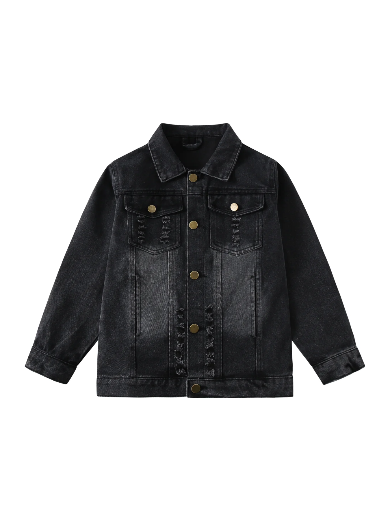 Kids Black Distressed Denim Jacket Boys Girls Vintage Washed Ripped Jean Coat Lapel Button Casual Streetwear Children Outerwear