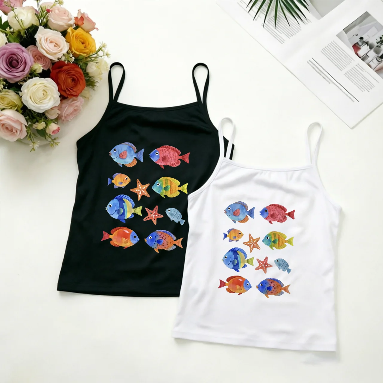 Colorful Fish Cami Women Ocean Animal Graphic Tank Top Sleeveless Vest Summer Trendy  Daily Wear Marine Life Aesthetic Top
