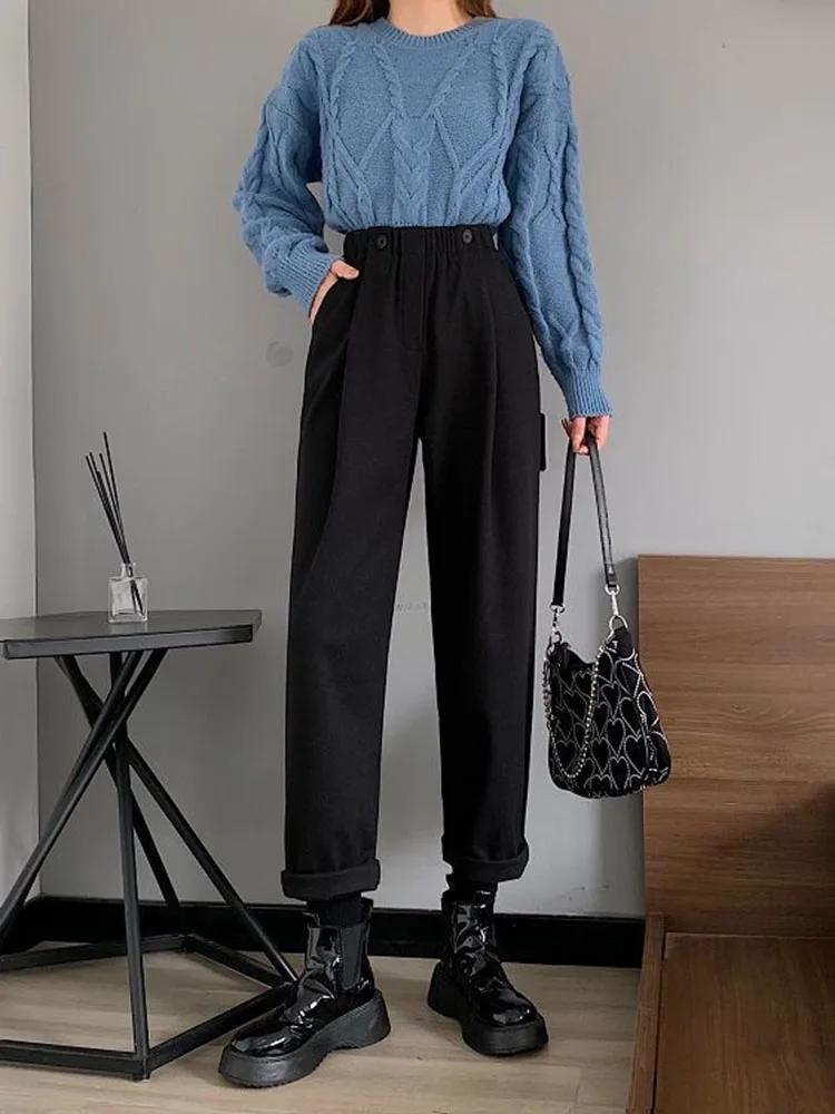 مكتب سميكة الصوفية سراويلي حريمي فضفاض المرأة عادية عالية الخصر مستقيم الكاحل طول بنطلونات فضفاضة موضة بنطلون