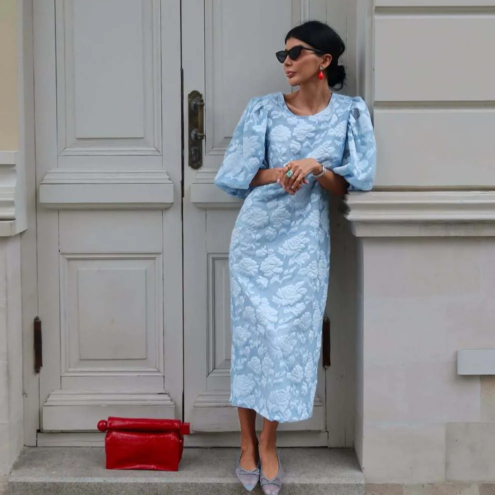 2025 Nieuwe Hemelsblauw Organza Jacquard Reliëf Bubble Mouw Jurk Vrouwen Nieuwe Chinese Stijl Temperament Elegante Lange Jurk