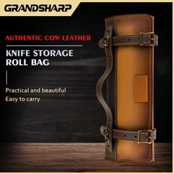Grandsharp Authentic Cow Leather Knife Storage Roll Bag Waterproof and Durable Knife Bag Carry Case Chef Knife Bag New