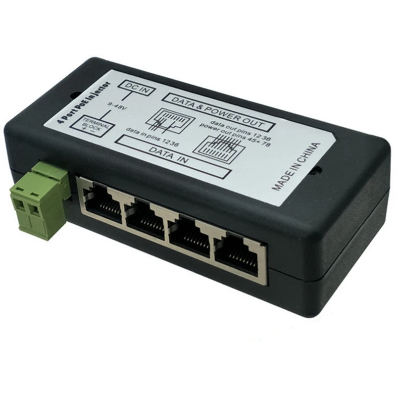 Adaptador de corriente POE de plástico para cámaras IP de vigilancia CCTV, inyector negro de 4 puertos, alimentación sobre adaptador Ethernet, 1 unidad