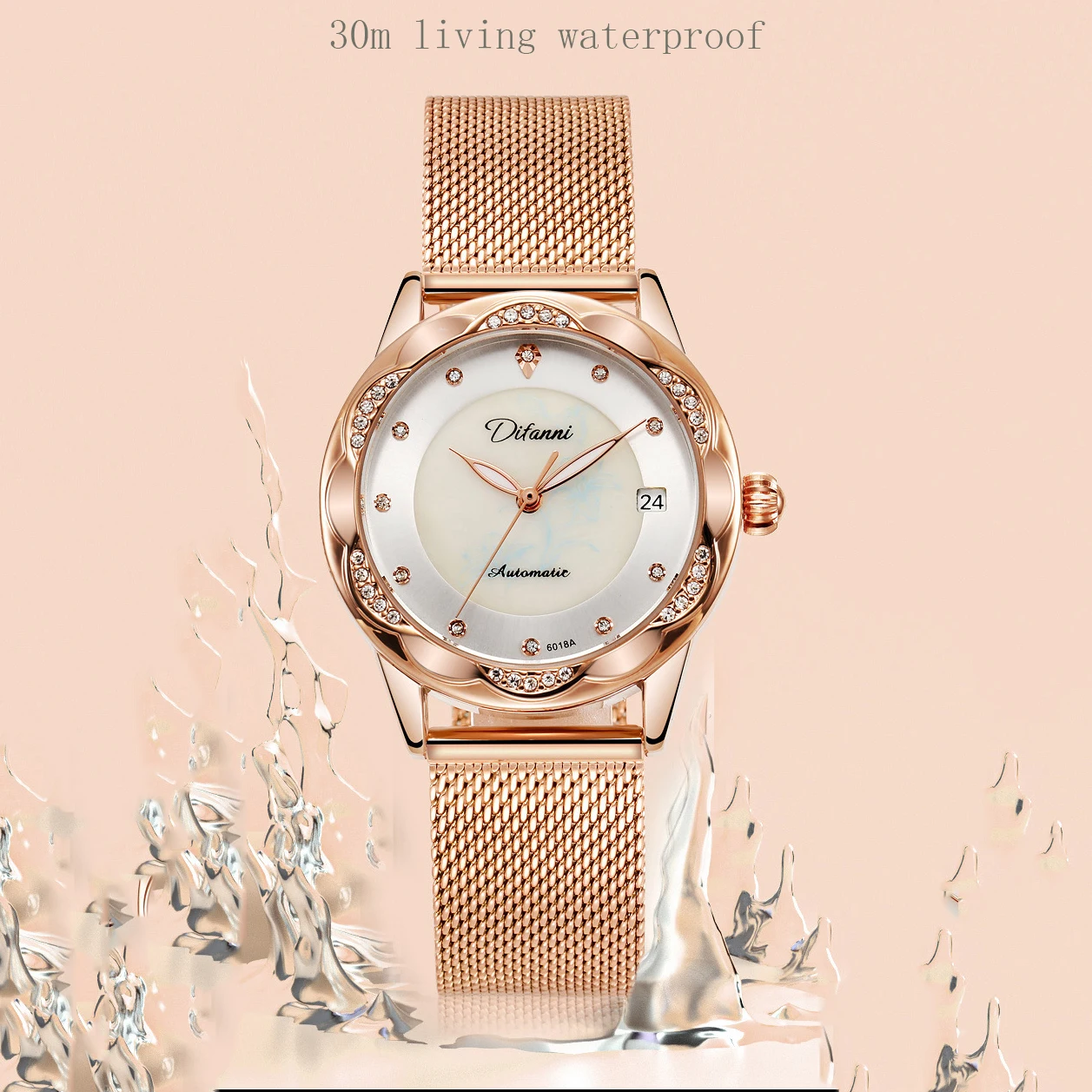 Women Brand Mechanical Watches Automatic Crystal Diamond Wristwatch Lady Waterproof Fashion Casual Luminous Calendar Date Clock