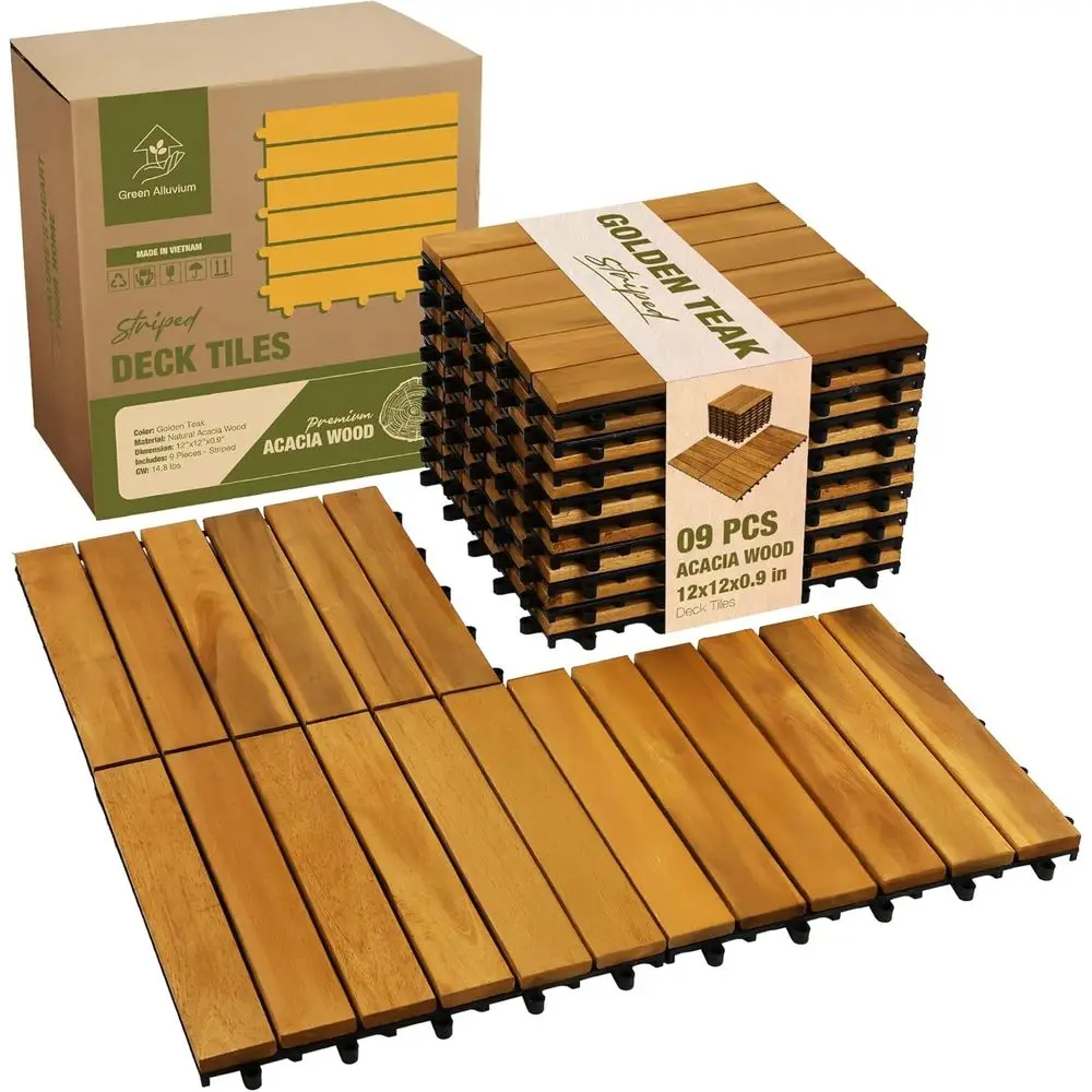 

Плитка для террасы из акации, 9 штук, 12x12x0.9, водонепроницаемое напольное покрытие для улицы, для балконов, задних дворов и патио (с полосками под тик)