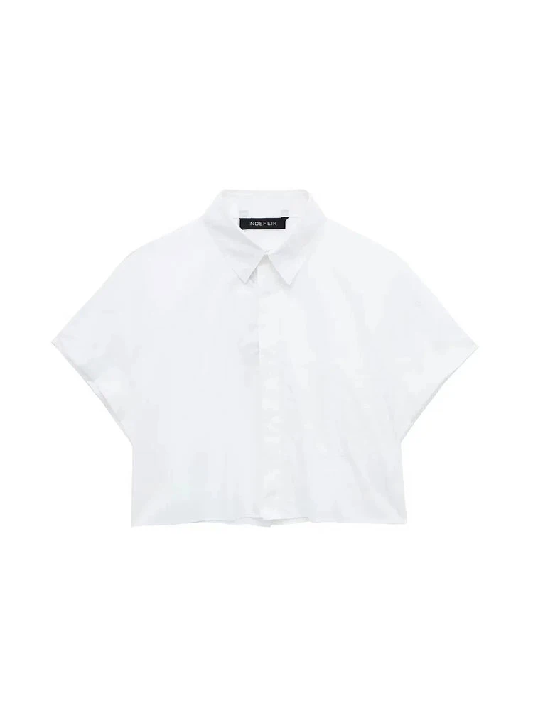 HH ملابس الصيف النسائية شيك الأزرق شريط التلبيب واحدة الصدر زر حتى المرأة قصيرة الأكمام قميص التنقل مكتب أعلى #2