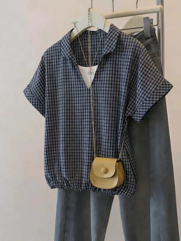 

Blue Plaid V-neck Short-sleeved Shirt Women's Summer New Large Size Fat MM Fake Two-piee Salt System Top Korean Style Commute