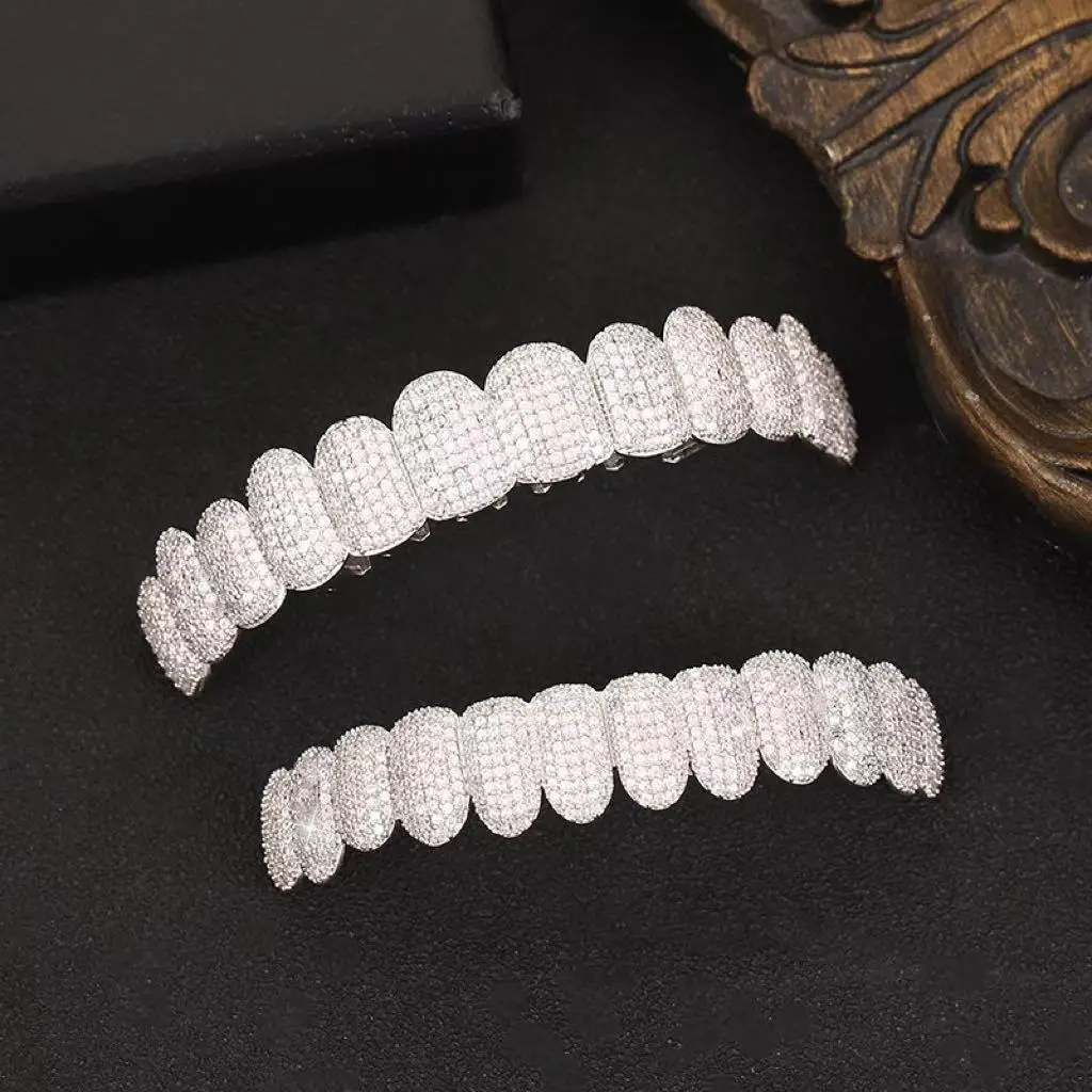 Teeth Grillz Set For Unisex Top Bottom Iced Out Cubic Zirconia Stone Brass Material Hip Hop Cosply Jewelry For Man Women