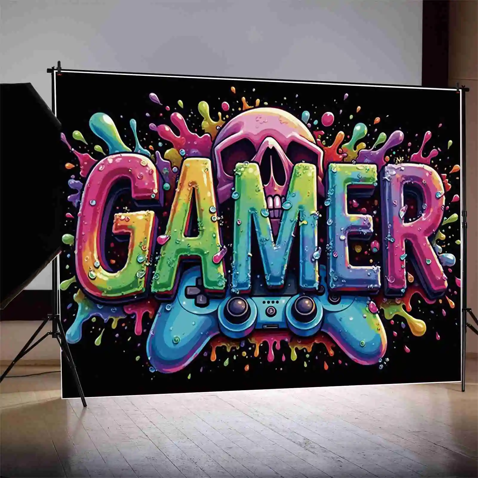 MOON.QG Game Night Party Decorations Backdrop Boy's Birthday Party Banner Poster Background Controller Skull Photo Studio Props