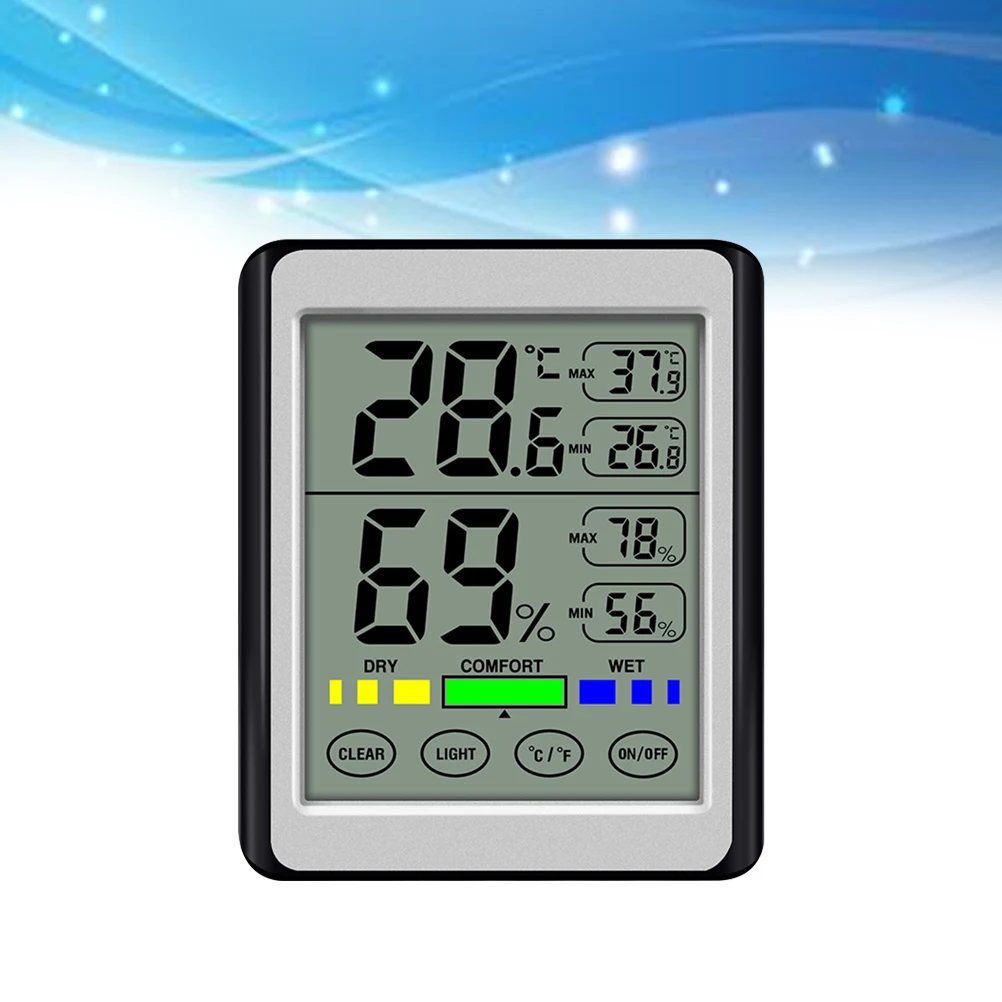 

Digital Thermometer Hygrometer Indoor Home Office Baby Room Silver Grey 12H Max Min Temp Humidity Monitor Touch Screen Luminous