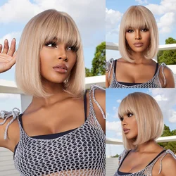 100% Remy Human Hairs Honey Blonde Bob Short Natural Straight Machine Made Wigs with Bangs Human Hair 10inch Wig Daily for Women
