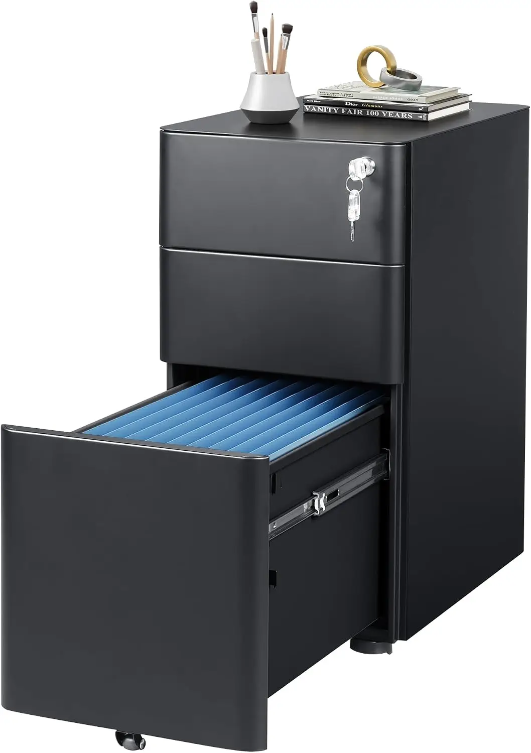 3-Drawer Slim File Cabinet, Small Mobile Filing Cainet with Lock for Home Office, Fits Letter/Legal/A4 Size, 11.8 x 17.7 x 23.2