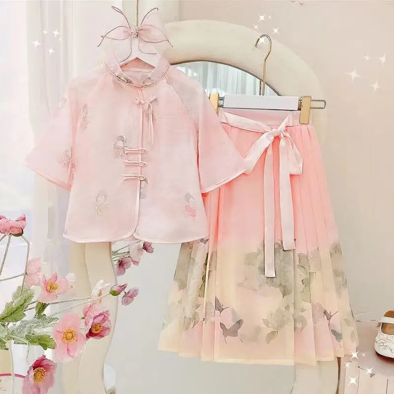 Conjunto hanfu de verão para meninas 2025 novo estilo tang chinês verão infantil estilo antigo top e saia conjunto de duas peças