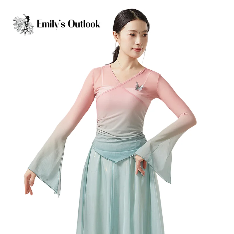 Trasparente Sexy Dancewear Donna Danza moderna Hanfu Camicia di garza Tulle irregolare Manica lunga Pratica Top Folk cinese Estate XL