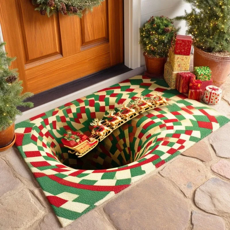 VIKAMA Red Green Checker 3D Vortex Santa Sleigh Door Mat Noise Reduction Non Slip Entryway Machine Washable Mat Home Decor