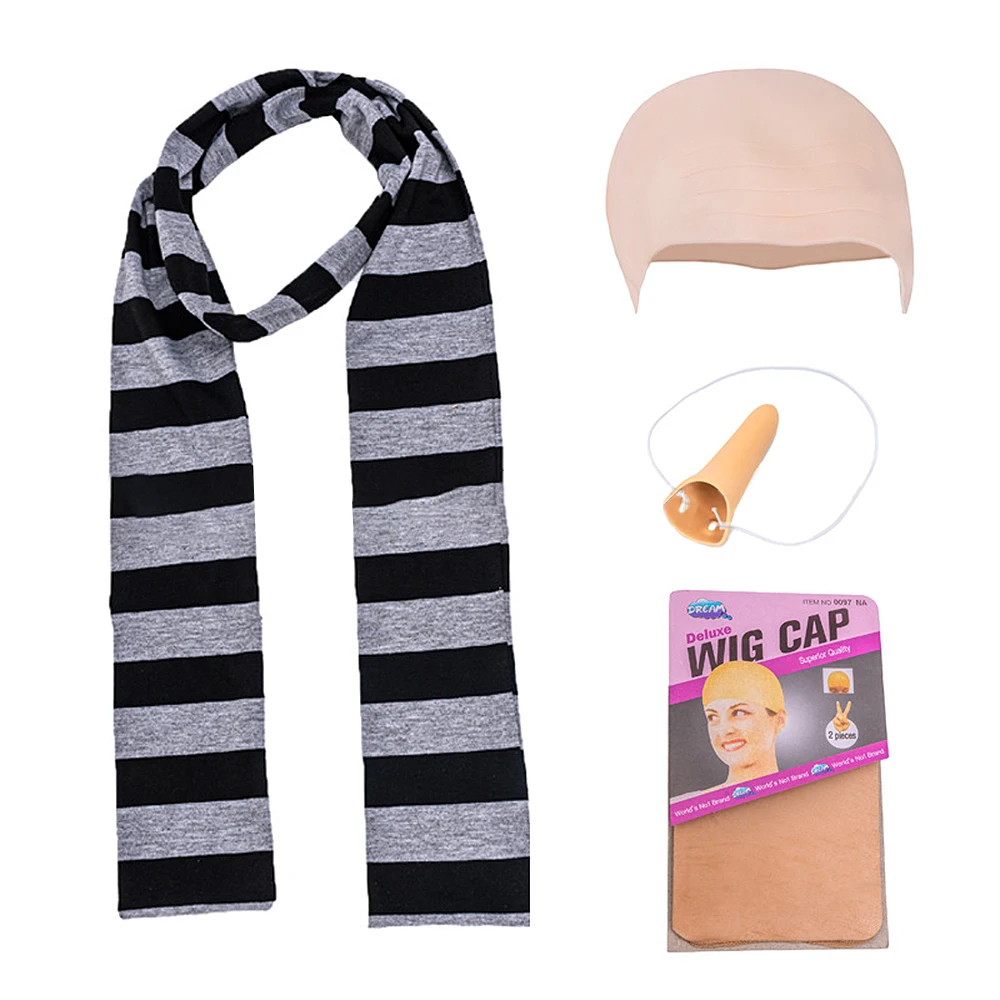 Kits de disfraz de Halloween para adulto, bufanda a rayas negra y gris, nariz falsa, accesorios de disfraz de Halloween, gorro calvo, 4 Uds.