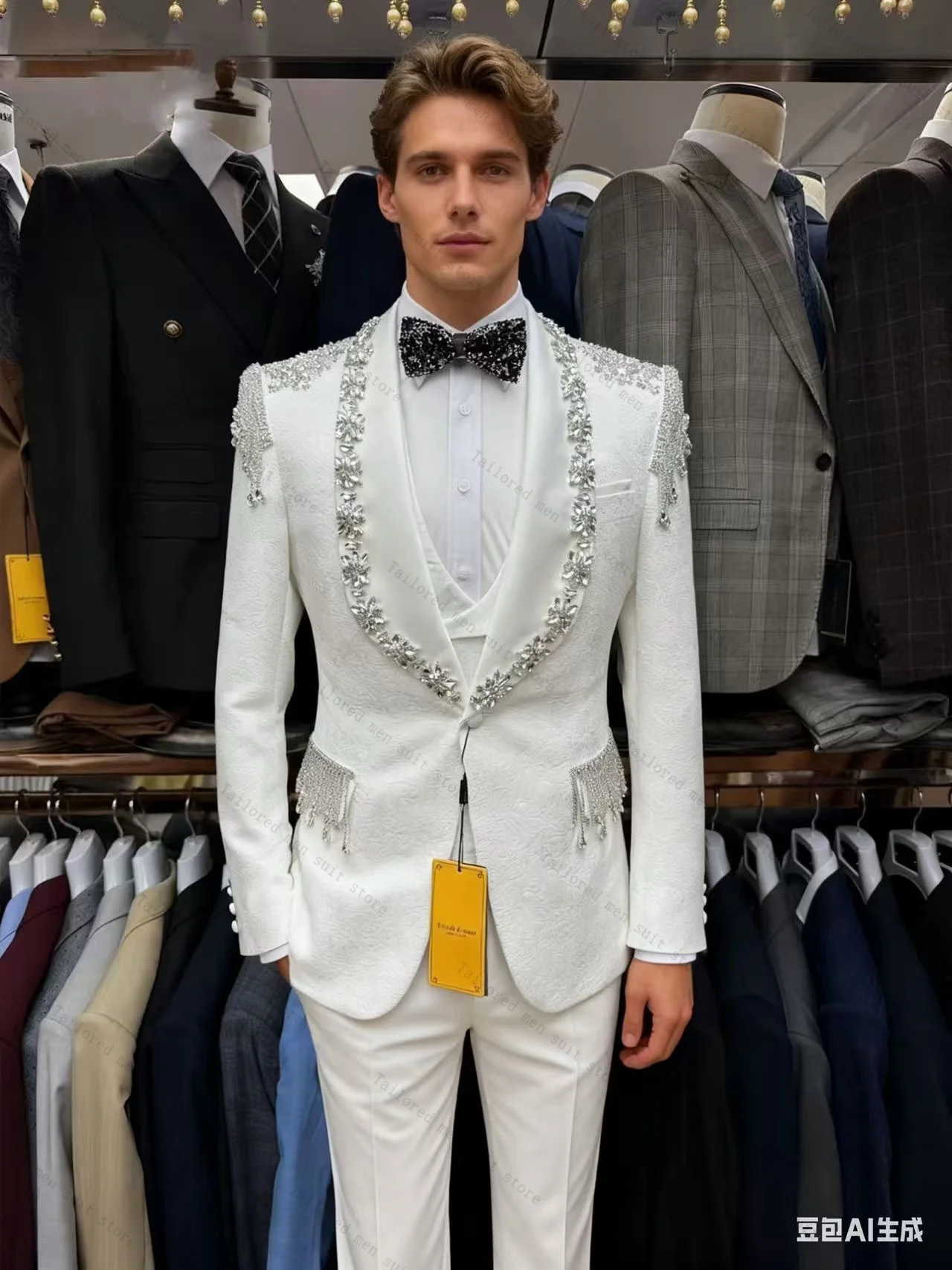 White Crystals Men Suits Set 2 Pieces Blazer+Pants Trousers Groom Wedding Tuxedos Jacket Formal Office Cotton Customized Coat